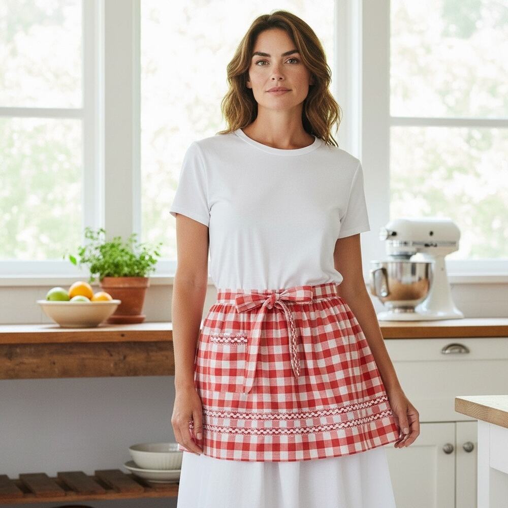 Hand Made Vintage Apron Red Checkerboard Farmhouse Granny Rare Waist Tie Pocket